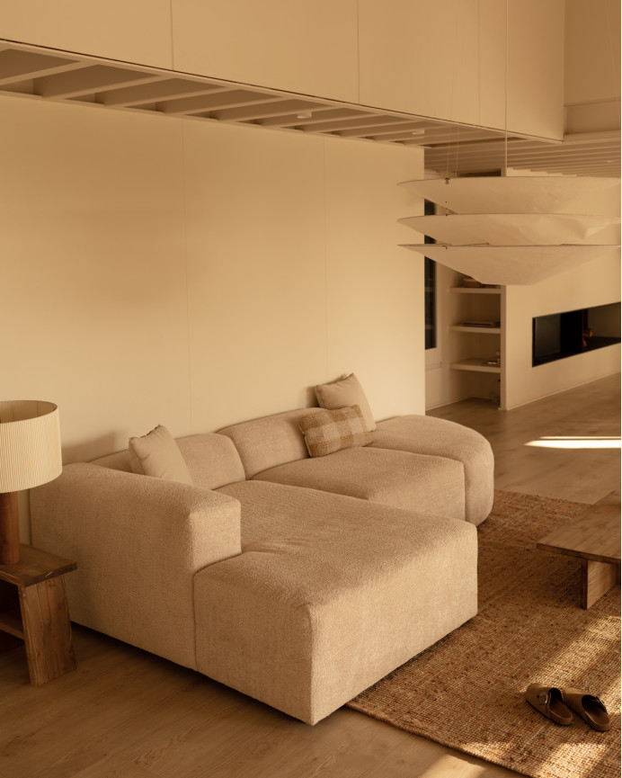 3-teiliges gebogenes Sofa mit Chaiselongue aus Bouclé in Beige, 320x172cm