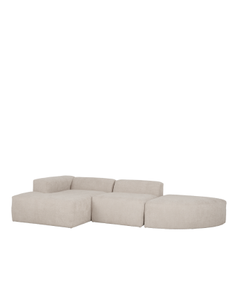 3-teiliges gebogenes Sofa mit Chaiselongue aus hellgrauem Bouclé, 320x172 cm.