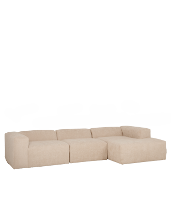 3-teiliges Sofa mit Ottomane aus beigem Bouclé in den Maßen 330x172cm.