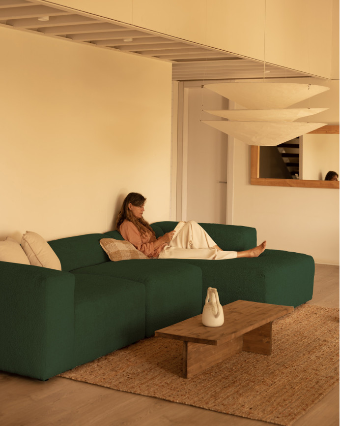 3-teiliges Sofa mit grüner Bouclé-Chaiselongue, 330x172cm