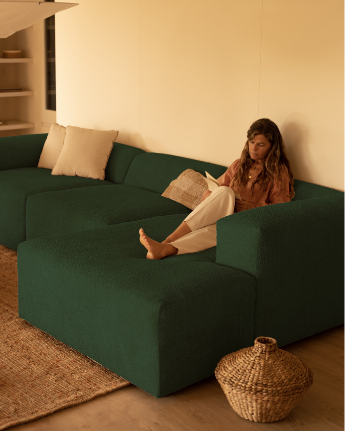 3-teiliges Sofa mit grüner Bouclé-Chaiselongue, 330x172cm