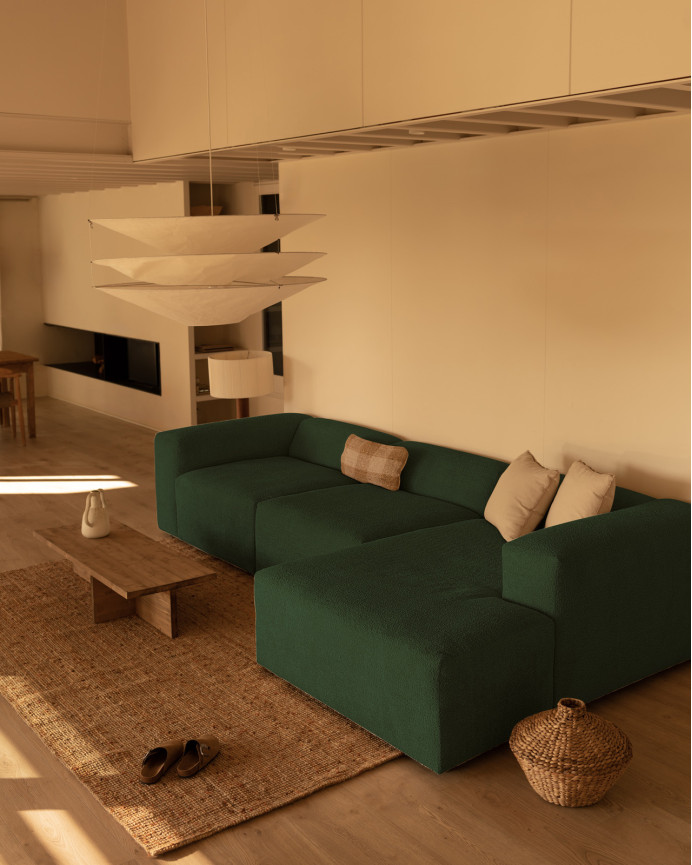 3-teiliges Sofa mit grüner Bouclé-Chaiselongue, 330x172cm