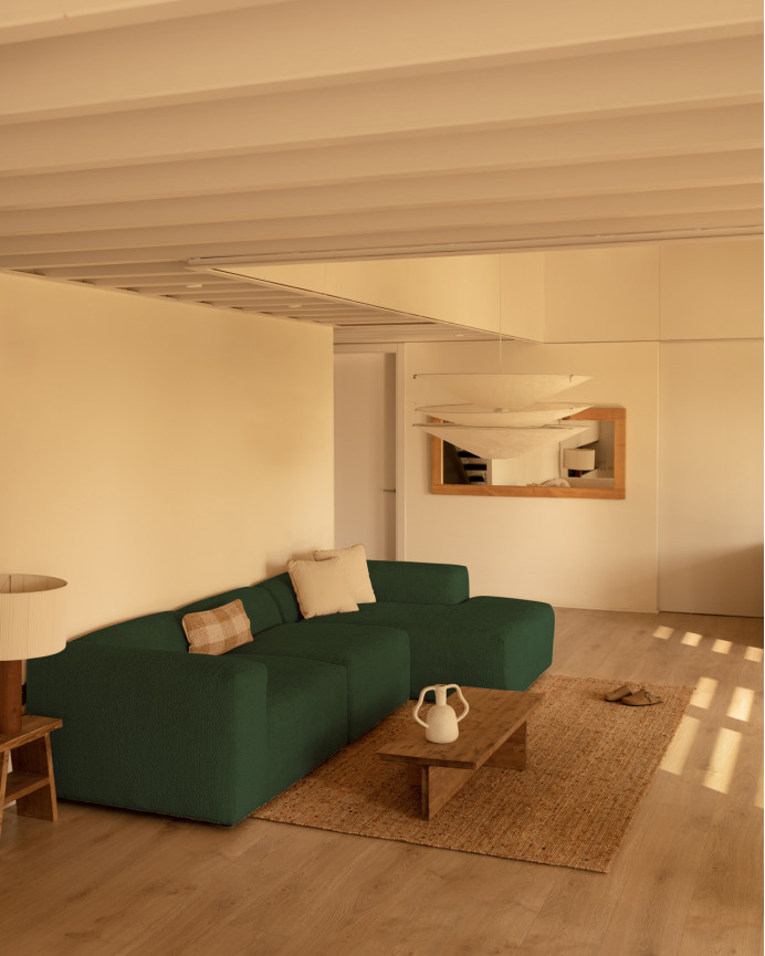 3-teiliges Sofa mit grüner Bouclé-Chaiselongue, 330x172cm