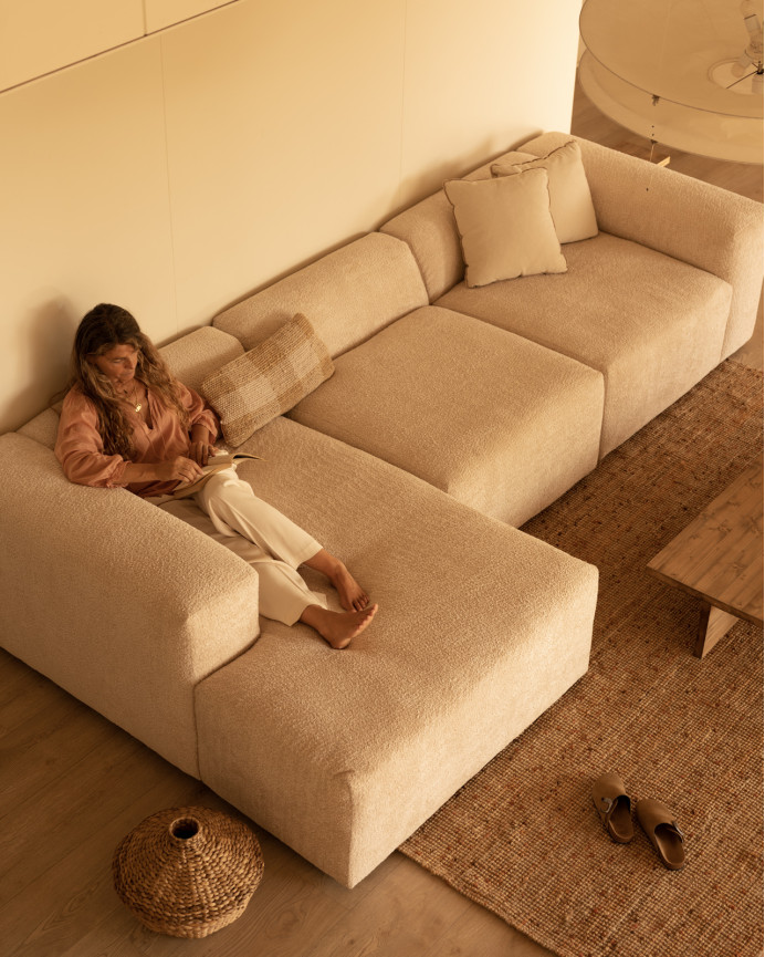 3-teiliges Sofa mit beiger Bouclé-Chaiselongue 330x172 cm