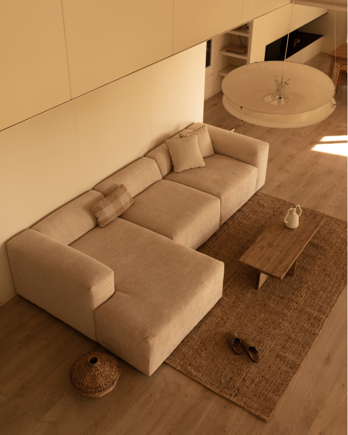 3-teiliges Sofa mit beiger Bouclé-Chaiselongue 330x172 cm