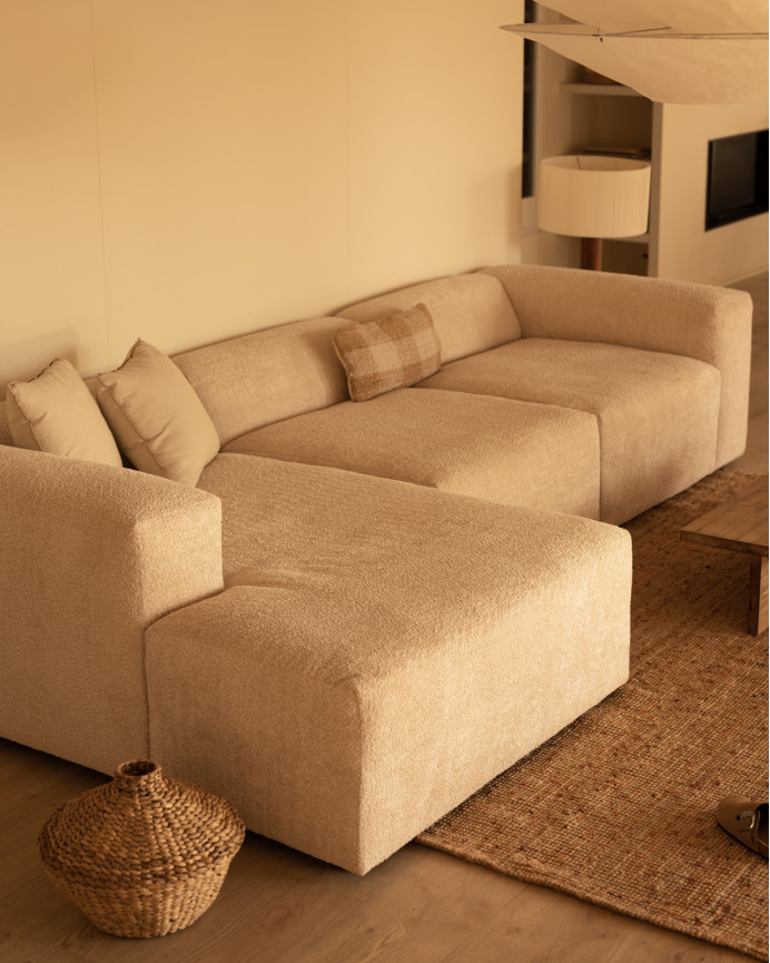 3-teiliges Sofa mit beiger Bouclé-Chaiselongue 330x172 cm