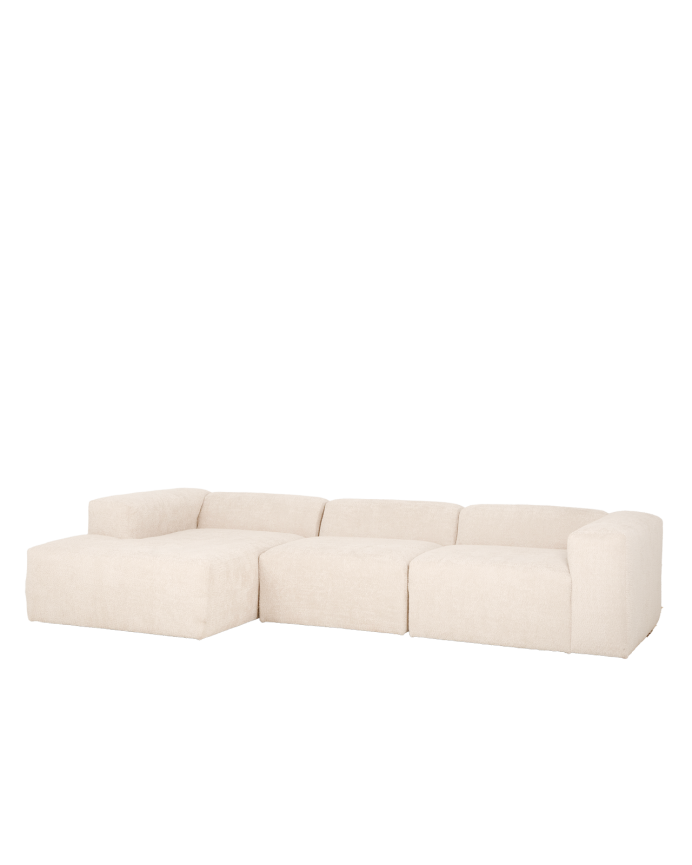 3-Modul-Sofa mit Chaiselongue aus weißem Bouclé, 330x172 cm.