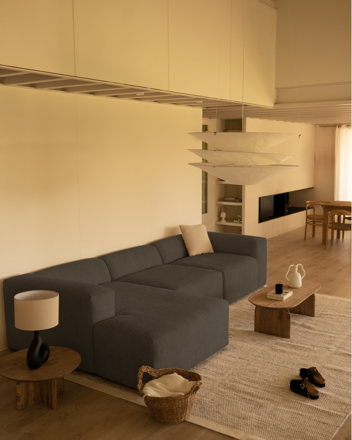 3-teiliges Sofa mit Chaiselongue aus dunkelgrauem Bouclé 330x172cm