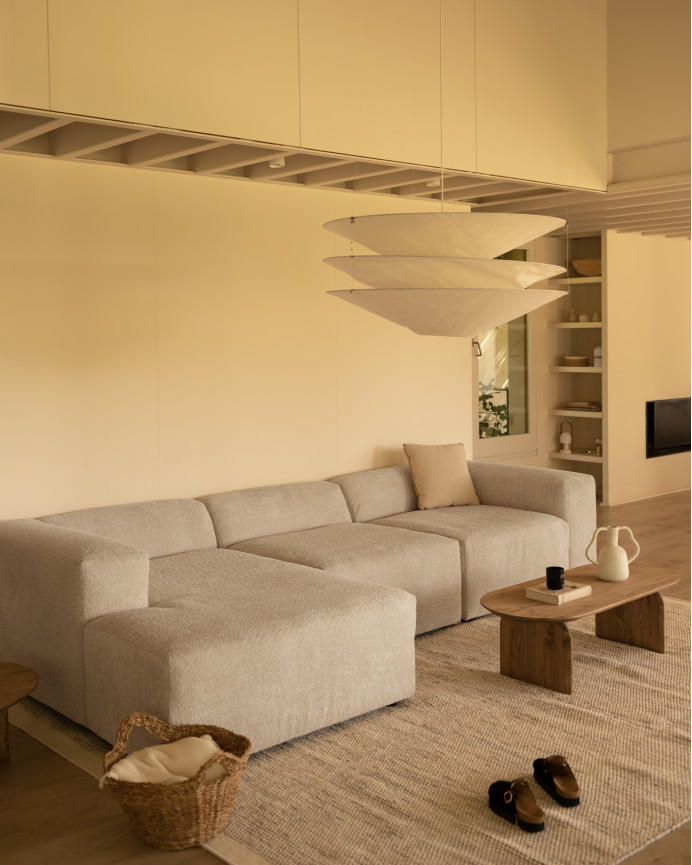 3-teiliges Sofa mit Chaiselongue aus hellgrauem Bouclé 330x172cm