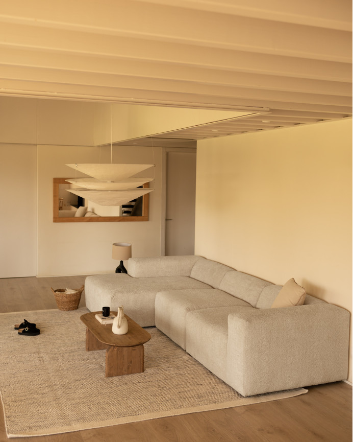 3-teiliges Sofa mit Chaiselongue aus hellgrauem Bouclé 330x172cm