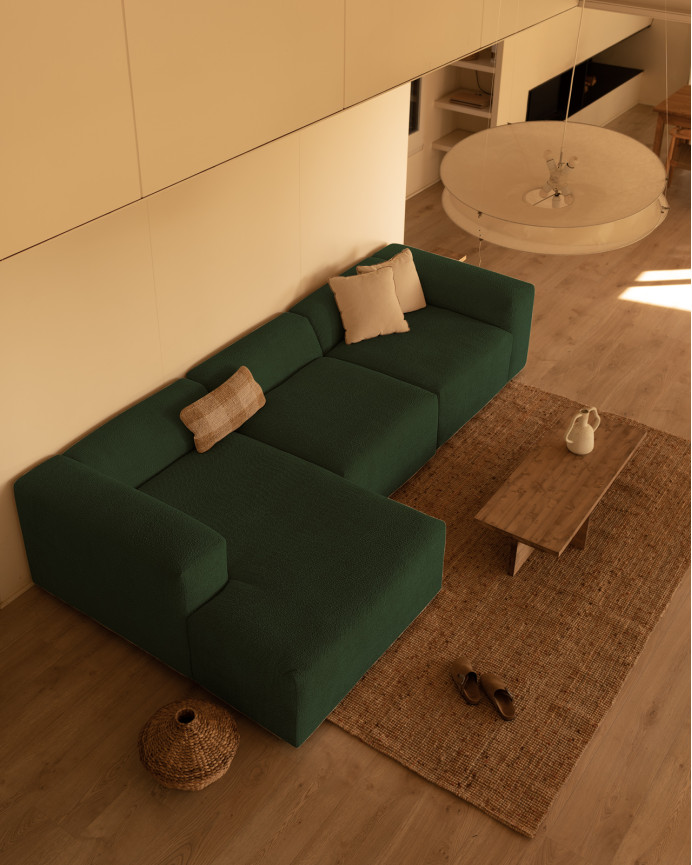 3-Modul-Sofa mit Chaiselongue aus grünem Bouclé 330x172 cm