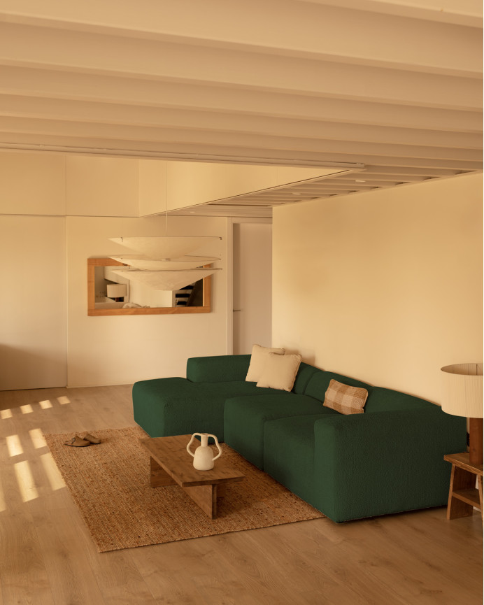 3-Modul-Sofa mit Chaiselongue aus grünem Bouclé 330x172 cm
