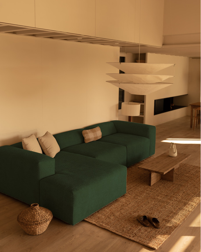 3-Modul-Sofa mit Chaiselongue aus grünem Bouclé 330x172 cm