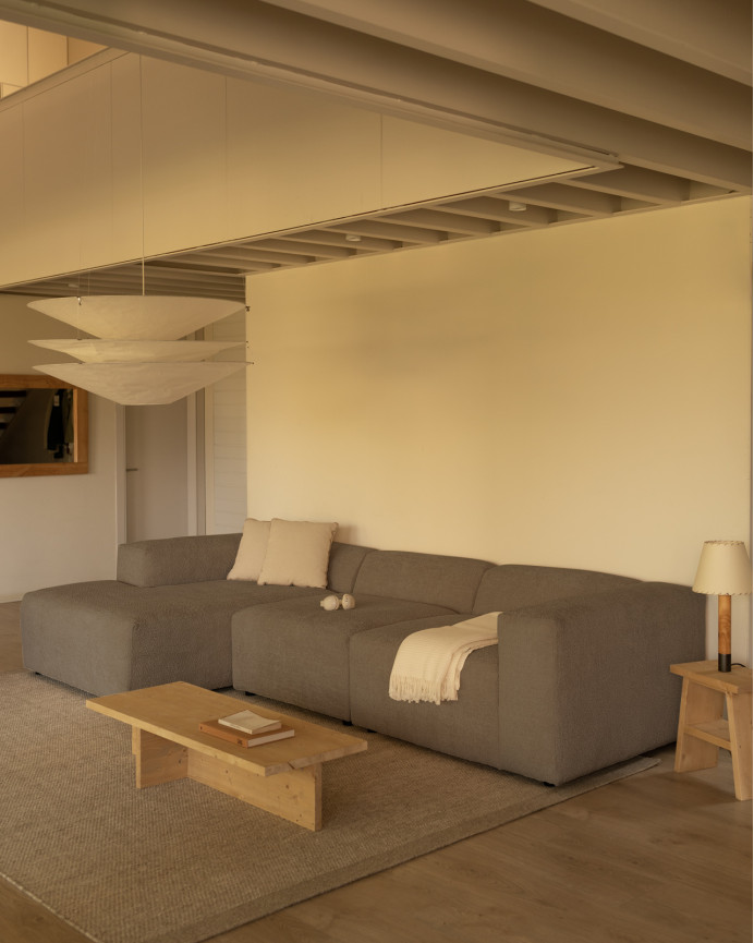 3-teiliges Sofa mit Chaiselongue aus braunem Bouclé 330x172cm.