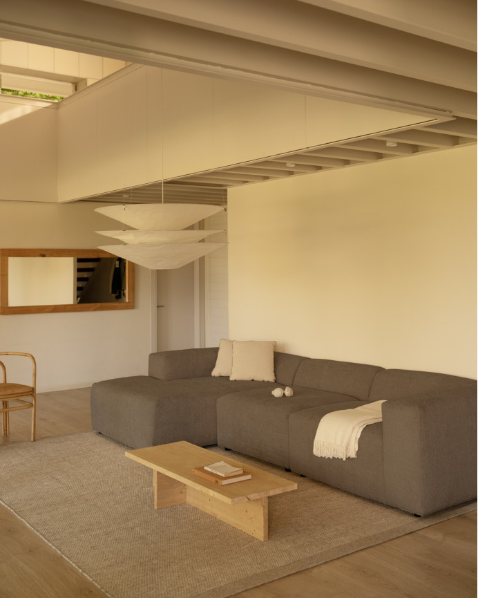 3-teiliges Sofa mit Chaiselongue aus braunem Bouclé 330x172cm.