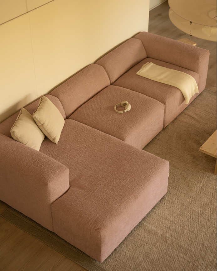 3-Modul-Sofa mit rosa Schleifenbouclé-Chaiselongue 330x172cm