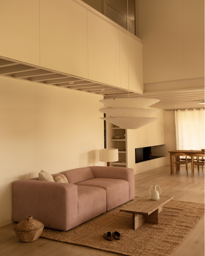 Zweier-Sofa aus rosa Bouclé in 2 Modulen, 240x110cm.