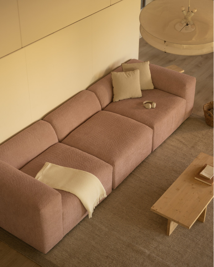 Dreisitzer-Sofa aus rosa Bouclé in 3 Modulen, 330x110cm.