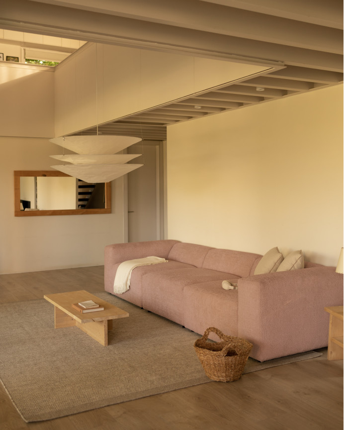 Dreisitzer-Sofa aus rosa Bouclé in 3 Modulen, 330x110cm.