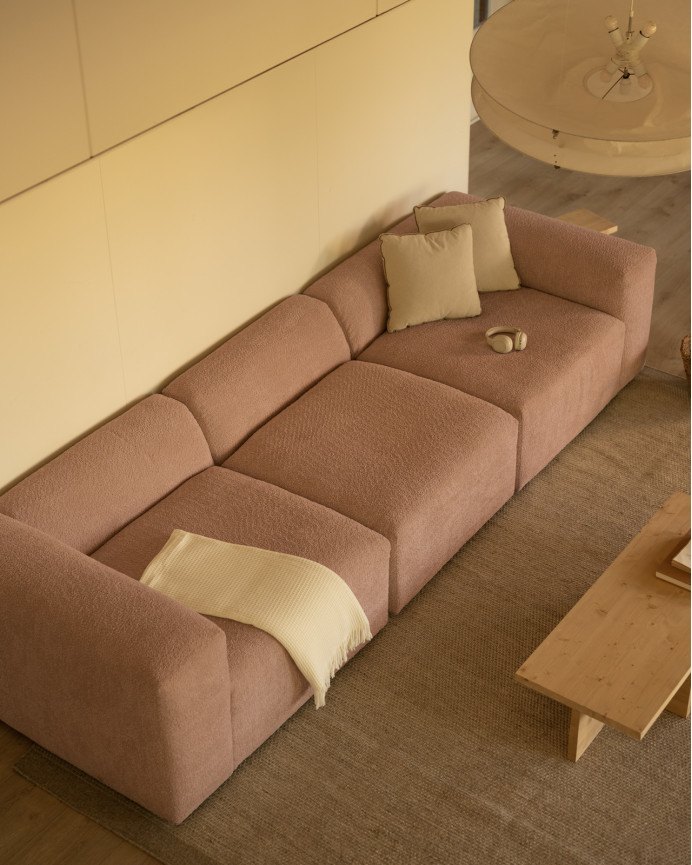 Dreisitzer-Sofa aus rosa Bouclé in 3 Modulen, 330x110cm.