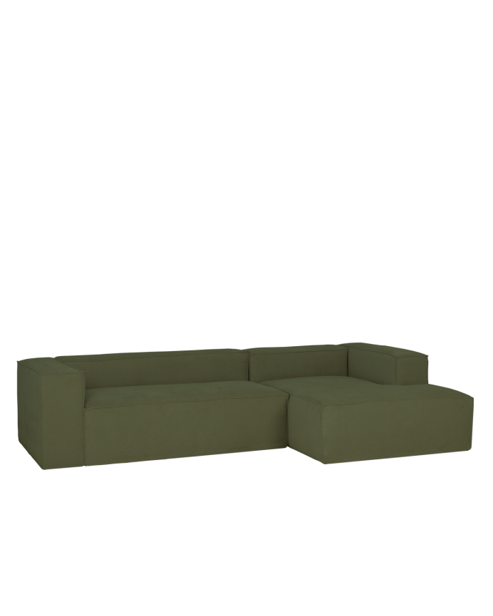 Sofa mit Chaiselongue aus grünem Samtstoff, verschiedene Größen.