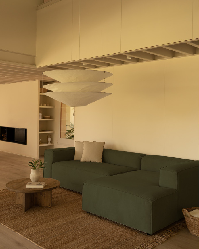 Sofa mit Chaiselongue aus grünem Samtstoff, verschiedene Größen.
