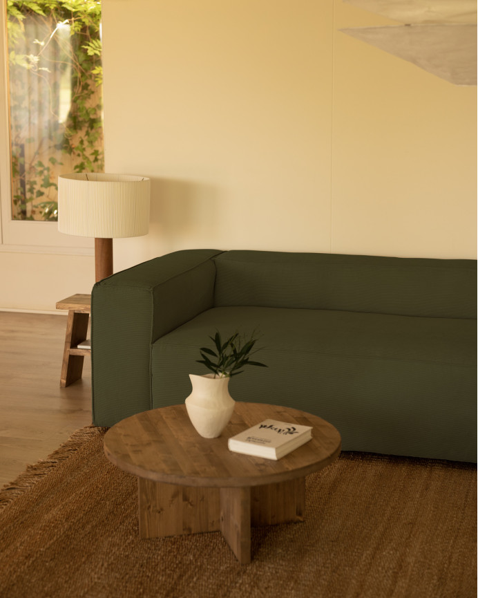 Sofa mit Chaiselongue aus grünem Samtstoff, verschiedene Größen.