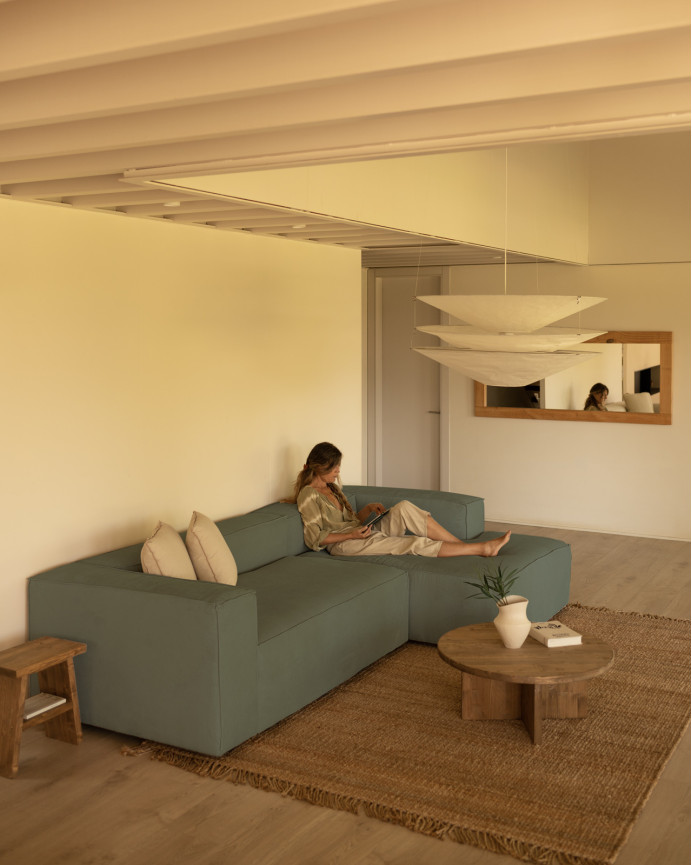 Sofa mit Chaiselongue aus grün-blauem Samtstoff in verschiedenen Maßen