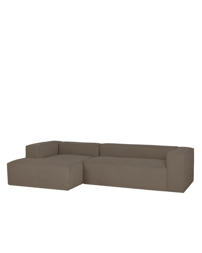 Sofa mit Chaiselongue aus braunem Velours in verschiedenen Größen.