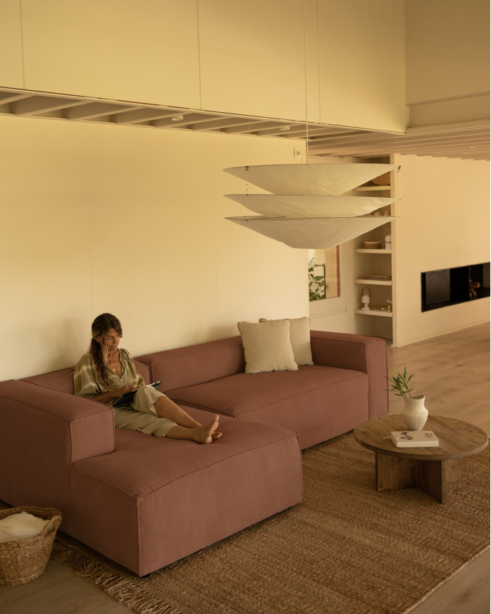 Sofa mit Chaiselongue aus korallenfarbenem Samtstoff in verschiedenen Größen