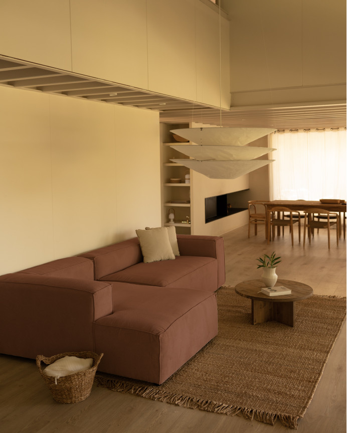Sofa mit Chaiselongue aus korallenfarbenem Samtstoff in verschiedenen Größen