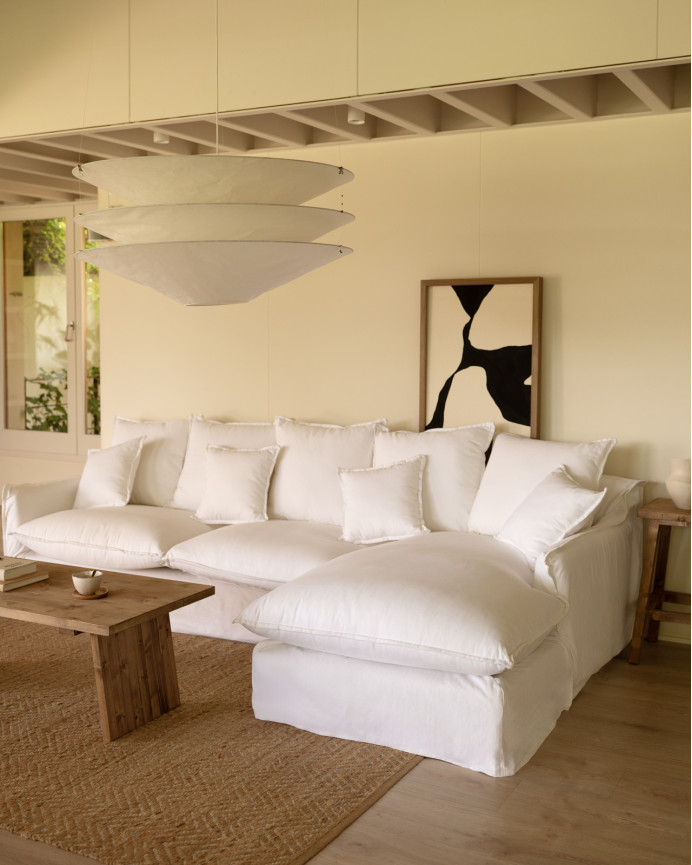 Sofa mit abnehmbarem Chaiselongue aus Baumwolle und Leinen in Weiß in verschiedenen Größen.
