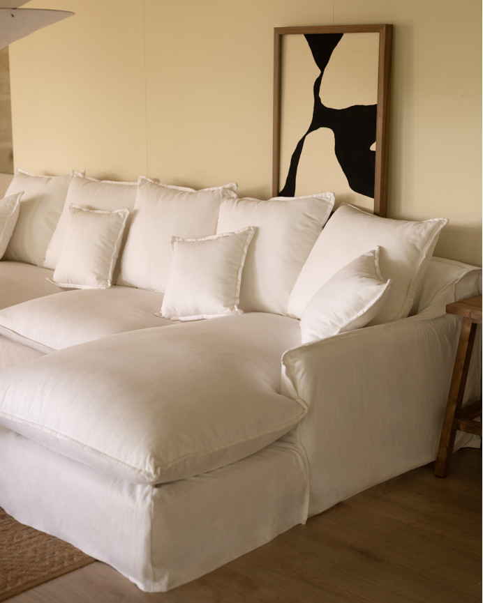 Sofa mit abnehmbarem Chaiselongue aus Baumwolle und Leinen in Weiß in verschiedenen Größen.