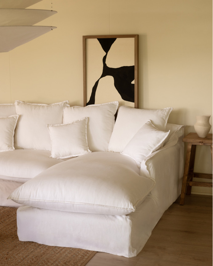 Sofa mit abnehmbarem Chaiselongue aus Baumwolle und Leinen in Weiß in verschiedenen Größen.