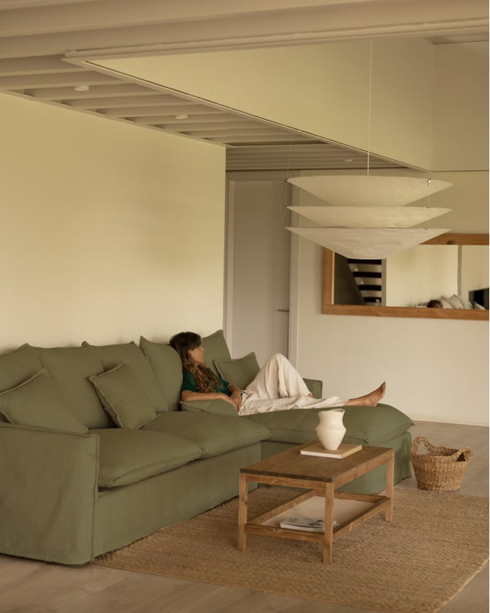 Sofa mit abnehmbarem Chaiselongue aus Baumwolle und Leinen in verschiedenen Größen in grüner Farbe.