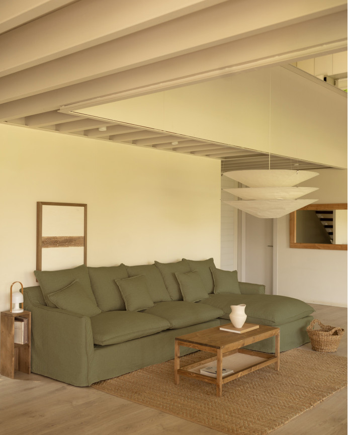 Sofa mit abnehmbarem Chaiselongue aus Baumwolle und Leinen in verschiedenen Größen in grüner Farbe.