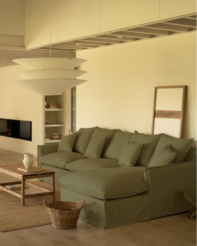 Sofa mit abnehmbarem Chaiselongue aus Baumwolle und Leinen in verschiedenen Größen in grüner Farbe.