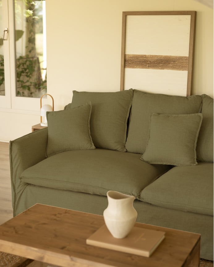 Sofa mit abnehmbarem Chaiselongue aus Baumwolle und Leinen in verschiedenen Größen in grüner Farbe.