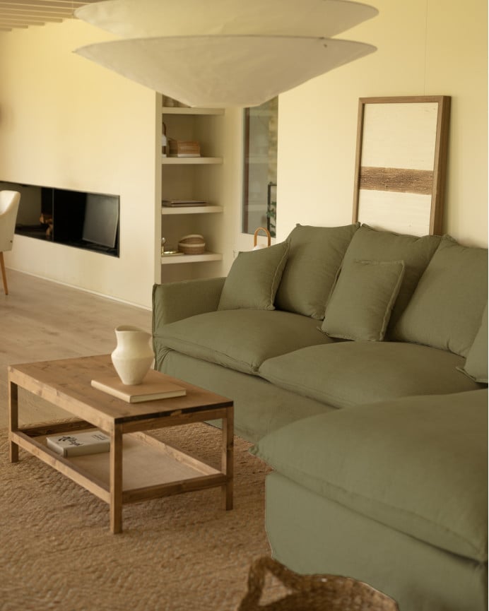 Sofa mit abnehmbarem Chaiselongue aus Baumwolle und Leinen in verschiedenen Größen in grüner Farbe.