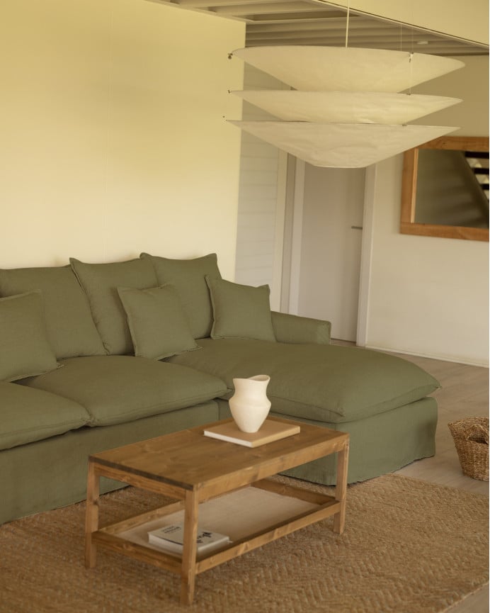 Sofa mit abnehmbarem Chaiselongue aus Baumwolle und Leinen in verschiedenen Größen in grüner Farbe.