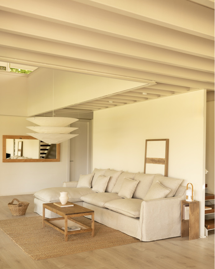 Sofa mit abnehmbarer Chaiselongue aus Baumwolle und Leinen in Beige, in verschiedenen Größen.