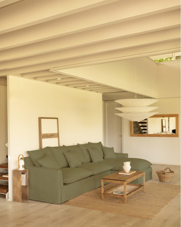 Sofa mit abnehmbarem Chaiselongue aus Baumwolle und Leinen in verschiedenen Größen in grüner Farbe.