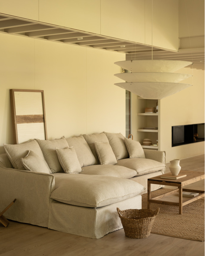 Sofa mit abnehmbarer Chaiselongue aus Baumwolle und Leinen in Beige, in verschiedenen Größen.