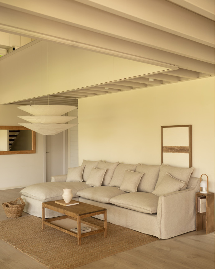 Sofa mit abnehmbarer Chaiselongue aus Baumwolle und Leinen in Beige, in verschiedenen Größen.