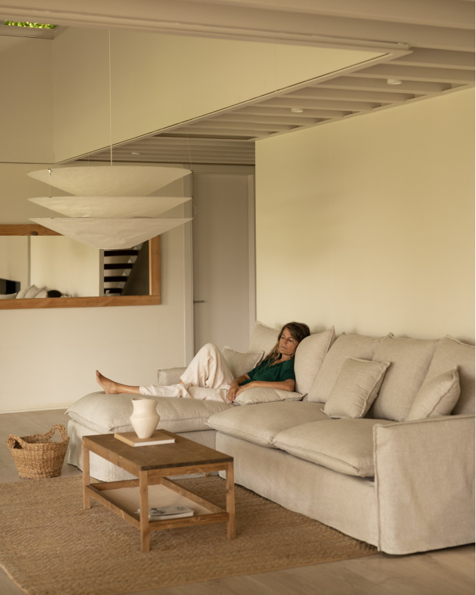 Sofa mit abnehmbarer Chaiselongue aus Baumwolle und Leinen in Beige, in verschiedenen Größen.