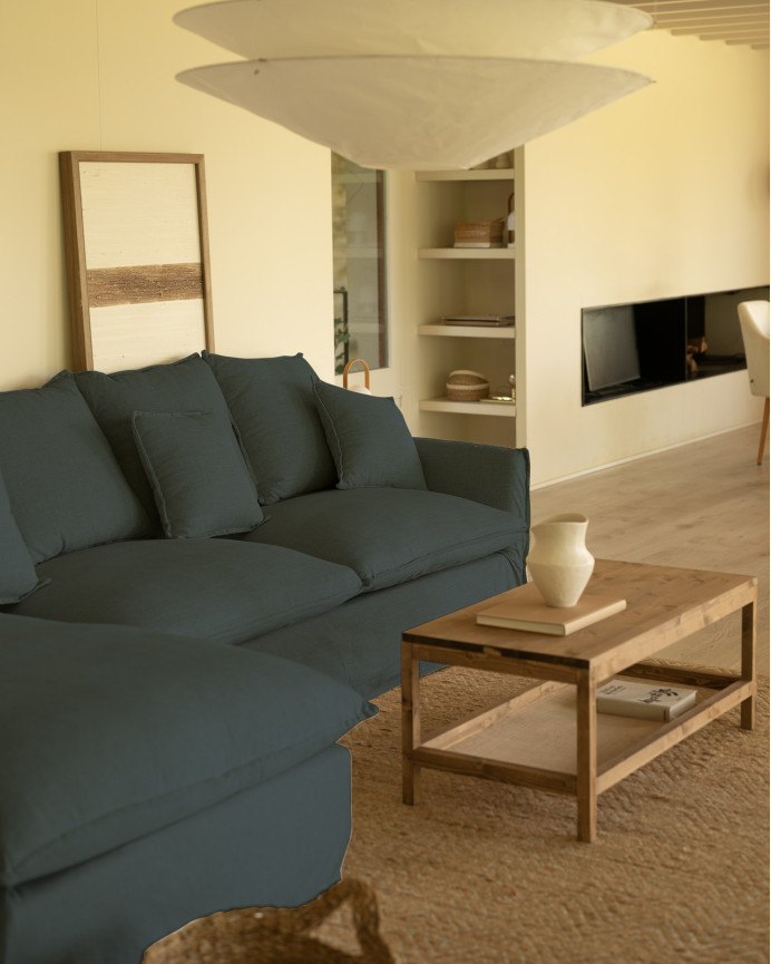 Sofa mit abnehmbarer Chaiselongue aus Baumwolle und Leinen in Blau in verschiedenen Größen.