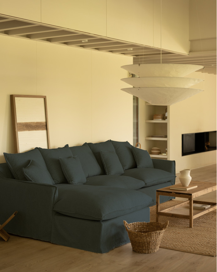 Sofa mit abnehmbarer Chaiselongue aus Baumwolle und Leinen in Blau in verschiedenen Größen.