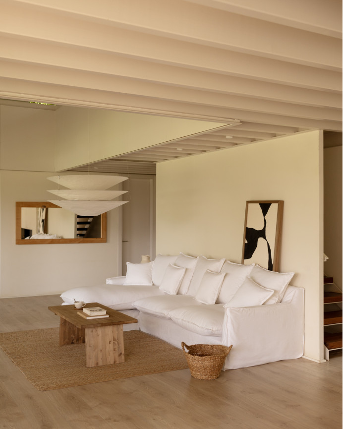 Sofa mit abnehmbarer Chaiselongue aus Baumwolle und Leinen in Weiß in verschiedenen Größen.