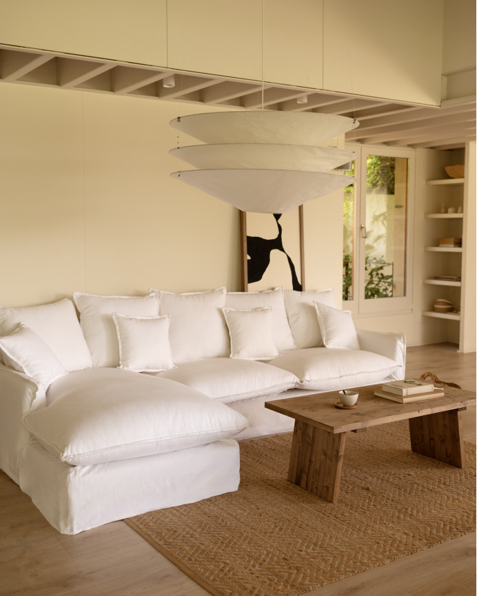 Sofa mit abnehmbarer Chaiselongue aus Baumwolle und Leinen in Weiß in verschiedenen Größen.