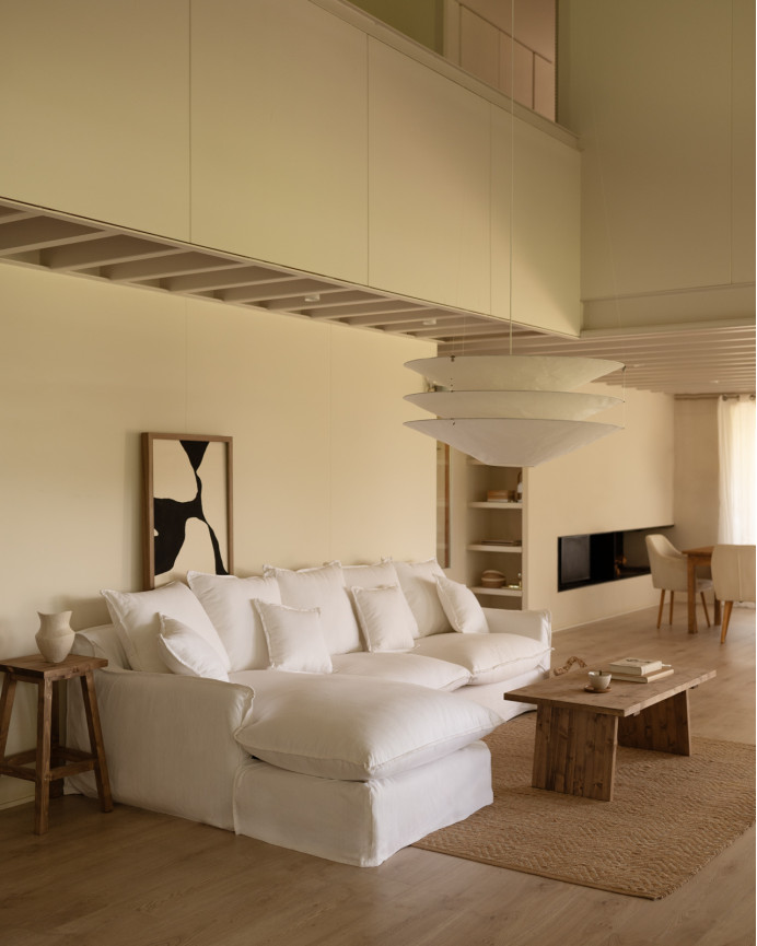 Sofa mit abnehmbarer Chaiselongue aus Baumwolle und Leinen in Weiß in verschiedenen Größen.